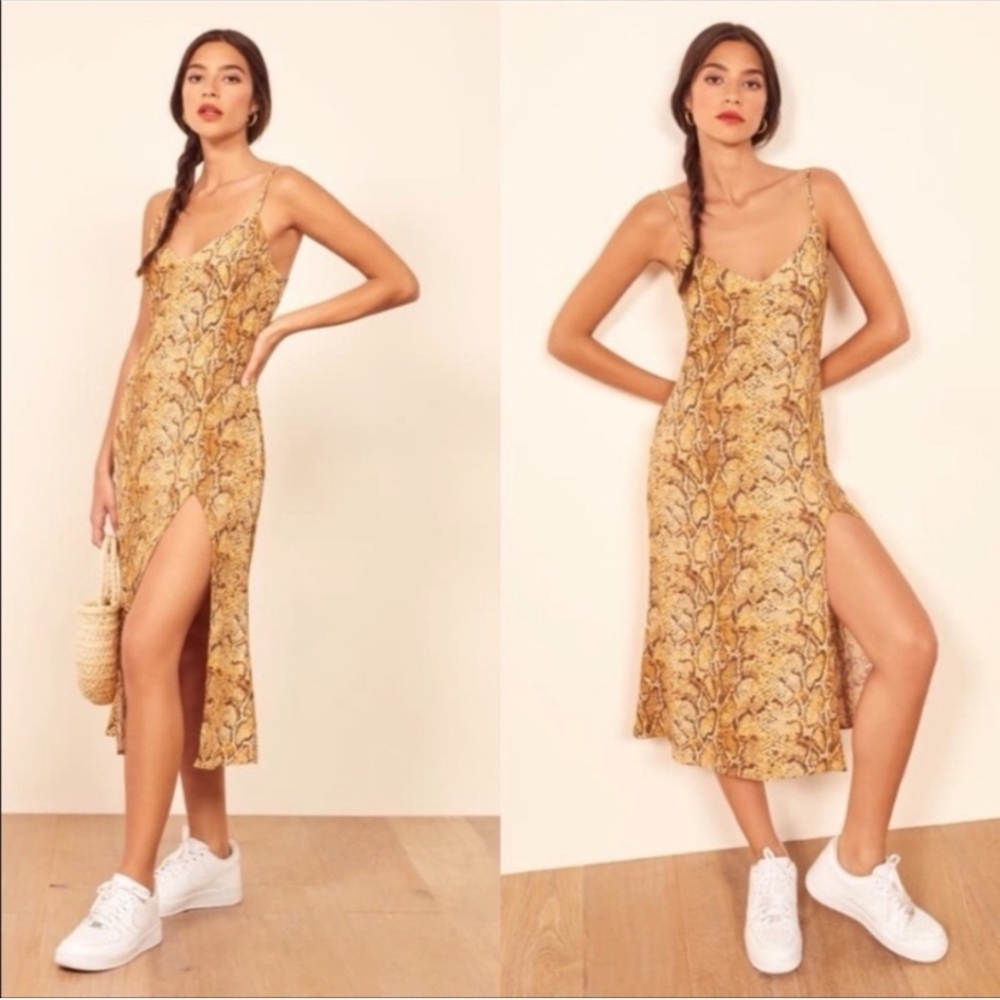 Reformation Crimini Midi Slip Dress in Boa Snake Print Yellow Size 2
